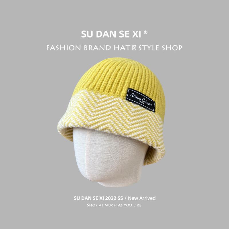 Big head circumference knitted bucket hat women's autumn and winter warm color matching versatile plain bucket hat fashionable color wool hat men