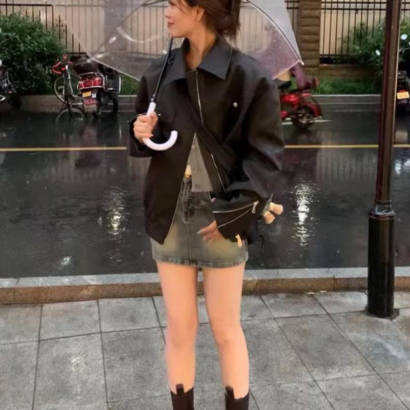 Women's Brown PU Leather Retro Motorcycle Jacket for Spring & Autumn