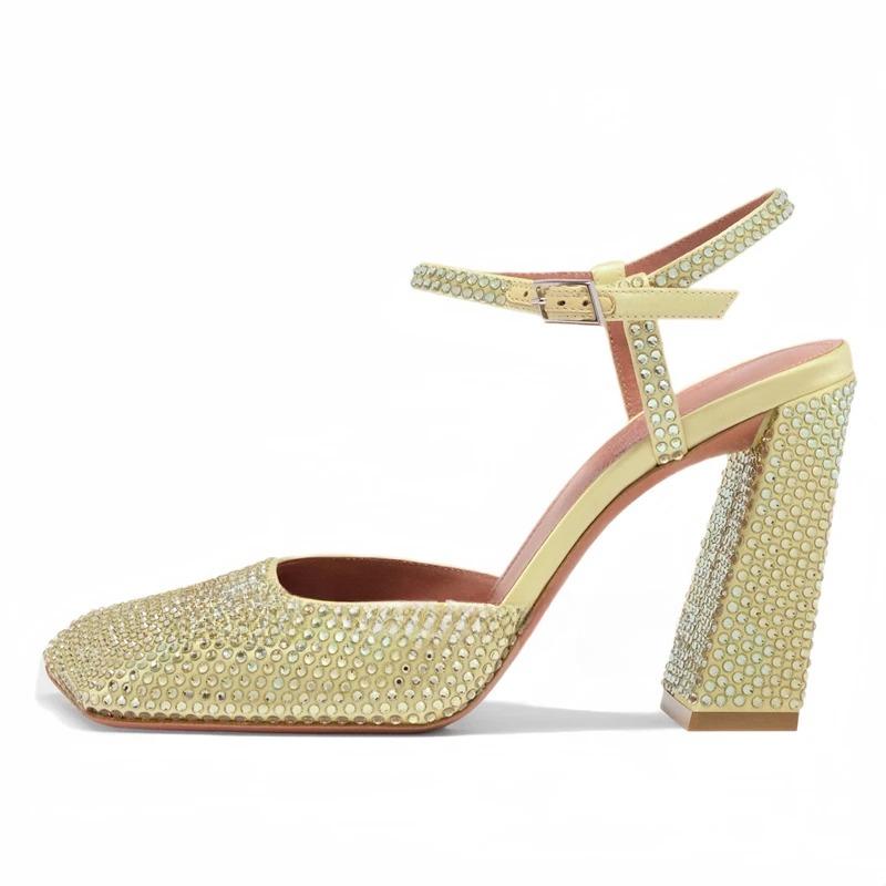 Fashion Minimalist Square Head Rhinestone Mary Jane Sandals 2024 Summer New Girls Candy Banquet Party Fashion High Heels Shoes size 43