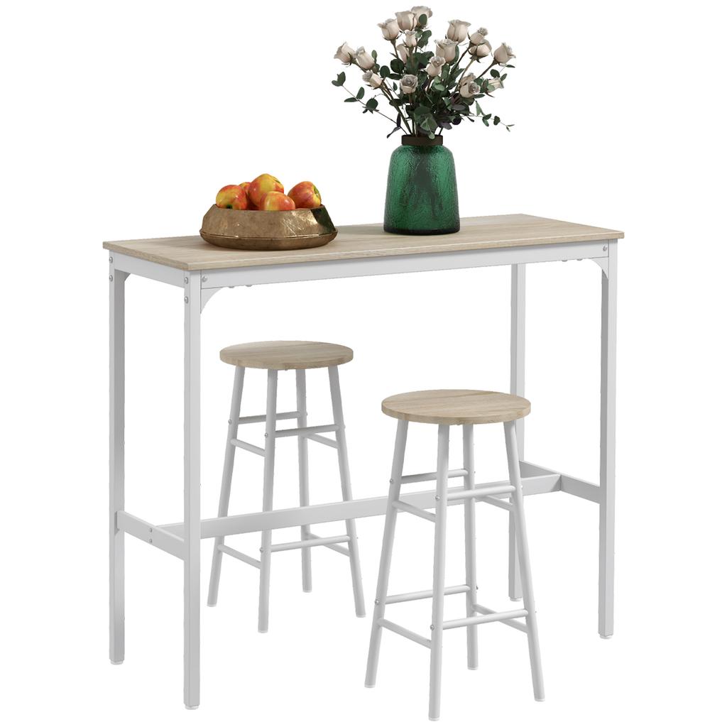 Juego de Mesa de Barra de 3 Piezas con 2 Taburetes, Mesa y Taburete de Barra Industriales, Mesa y Sillas de Comedor, Roble