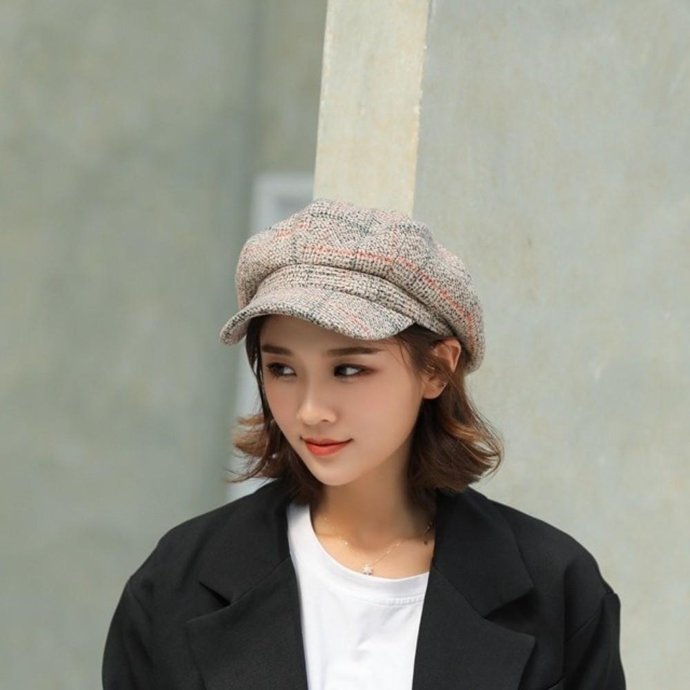 Wollene Britische Baskenmützen Ohrenschutz Künstlerhut Elegante Karierte Achteckige Mütze Winter