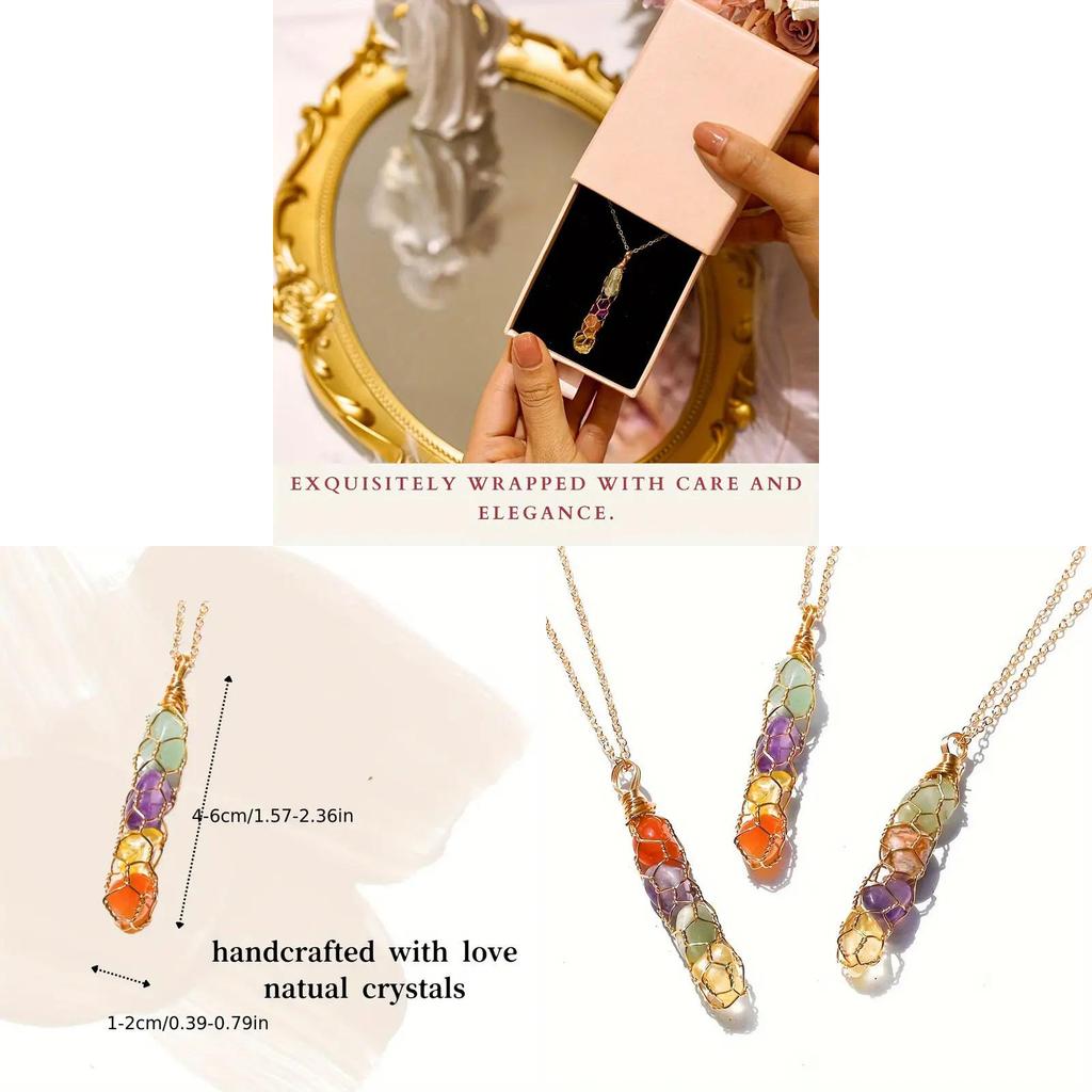 Natural Crystal Pendant Necklace With Rainbow Silk Wrap For Boho Style Jewelry