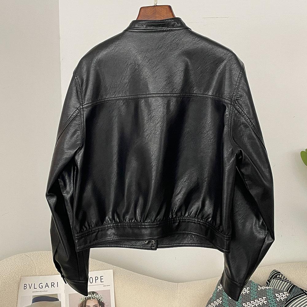 OFTBUY Women Vintage Loose Pu Faux Leather Short Jacket Pockets Motorcycle Jacket Female Zipper Retro Moto Biker Coat Outwear Tops