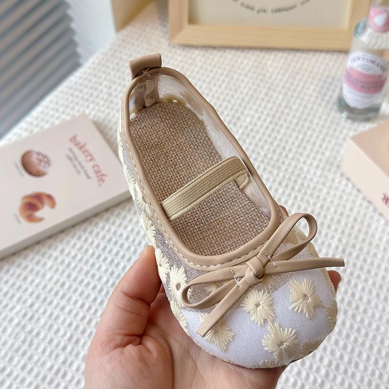 Floral Embroidery Lace Ballet Flats Sandal Baby Girls 2025 Summer New Breathable Mesh Ballerinas Kids Cute Non-slip Party Shoes