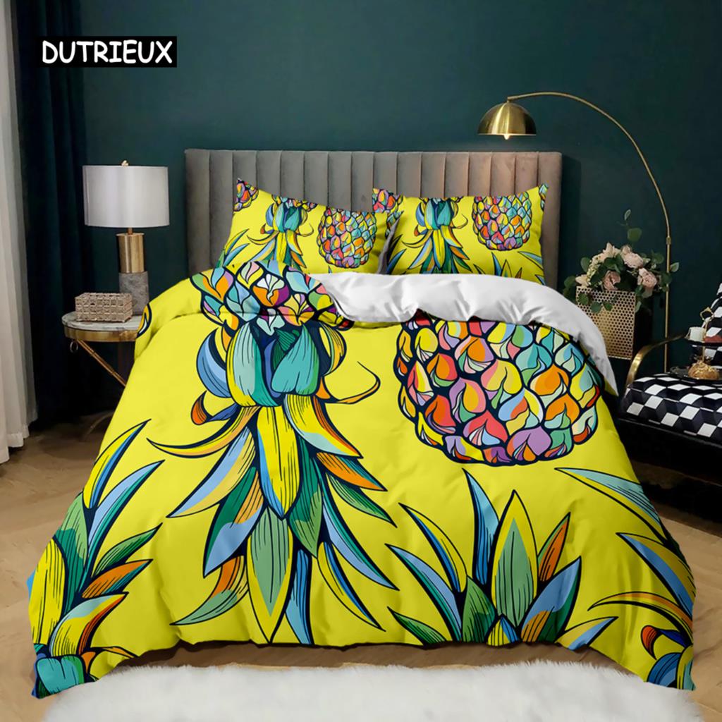 Sada povlečení na přikrývku s ananasem Bílá souprava povlečení na dvě postele Dospělí Žlutá Abstraktní Tropické ovoce Ananas Polyesterová přikrývka