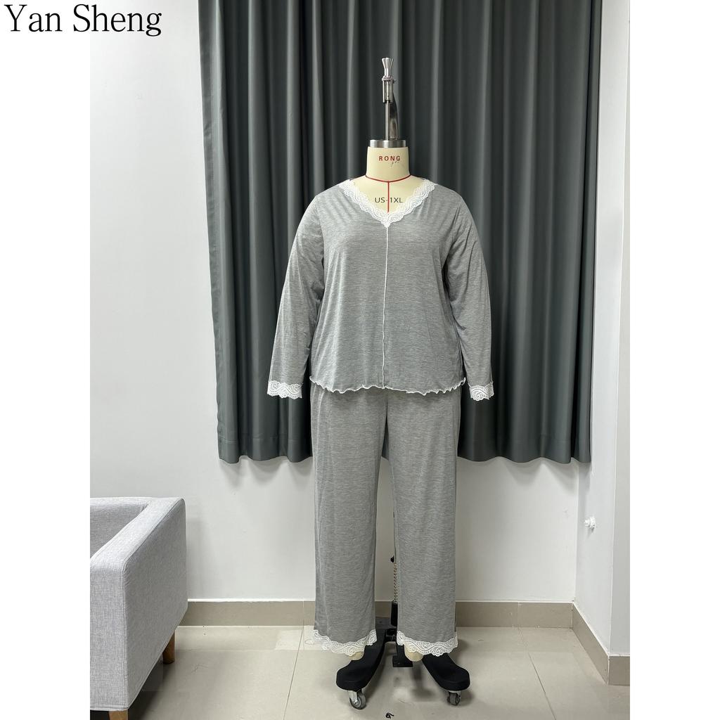 Büyük Beden Sonbahar/Kış Pijama Ev Kıyafeti Dantelli Moda V Yaka Renkli Pamuklu Uzun Kollu Pantolon İki Parçalı Set