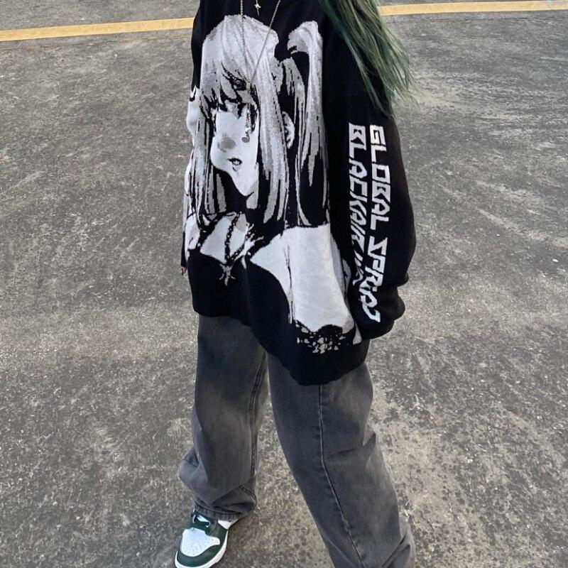 Y2k Gothic Tops Cartoon Bedruckter Rundhals Lockerer Pullover Harajuku Stil Pullover Damen 2D Anime Kleidung