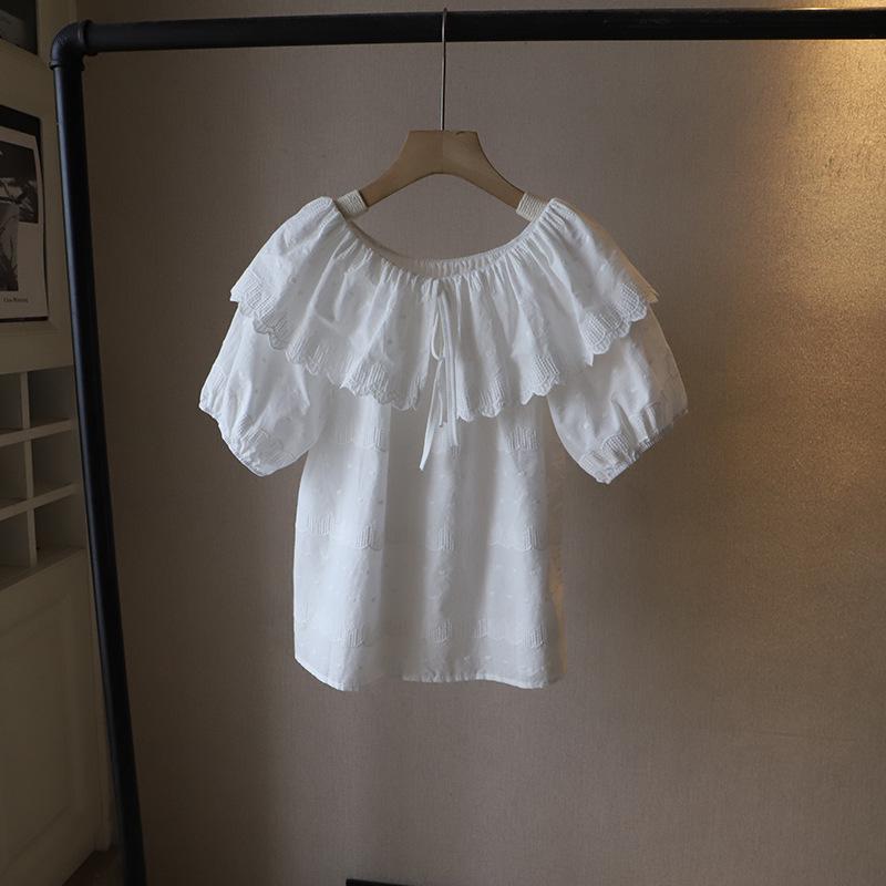 2025 Summer Korean Sweet Ruffle Tie-Up Bubble Sleeve Women's Top