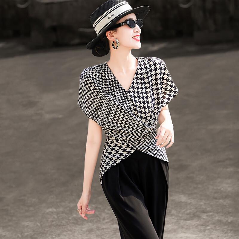 Lanser Women's French Retro Houndstooth Asymmetric V-neck Tie Shirt