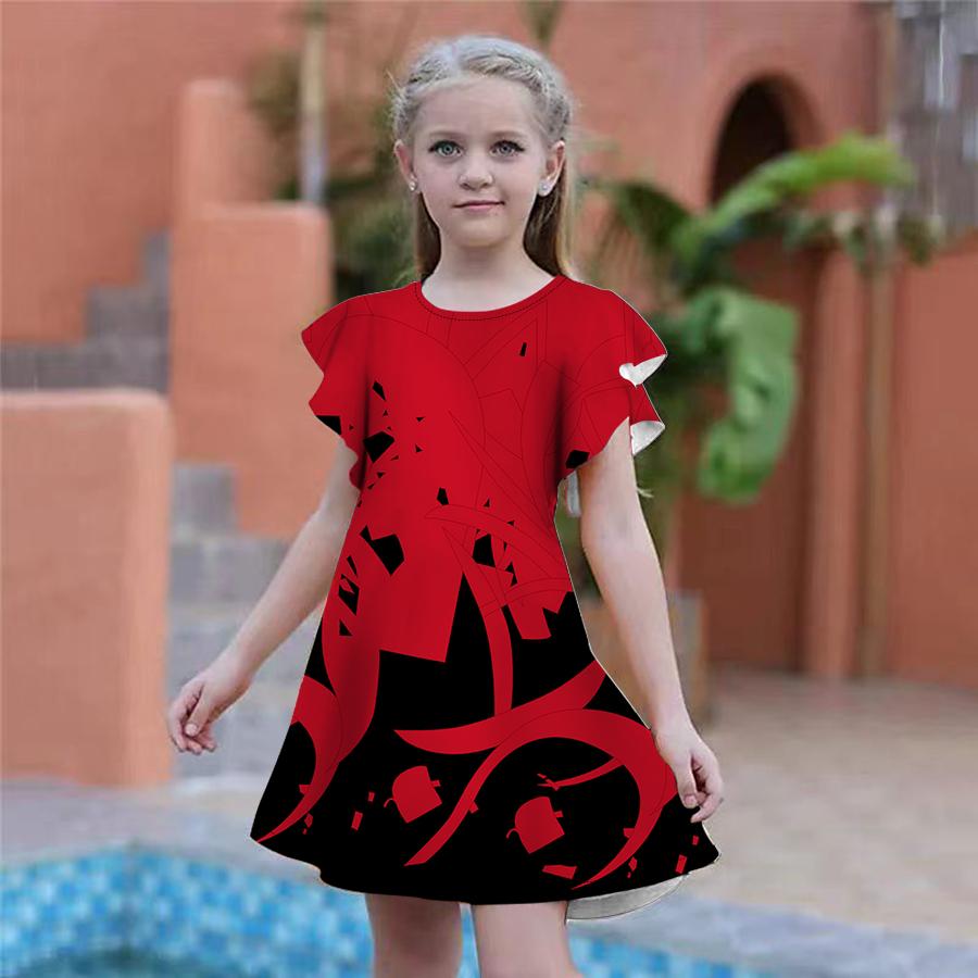 Dívčí tmavě modré šaty s křivým potiskem Dětské Dívčí společenské šaty Volný střih Volný střih sukně s krátkým rukávem pro dívky starší čtyř let
