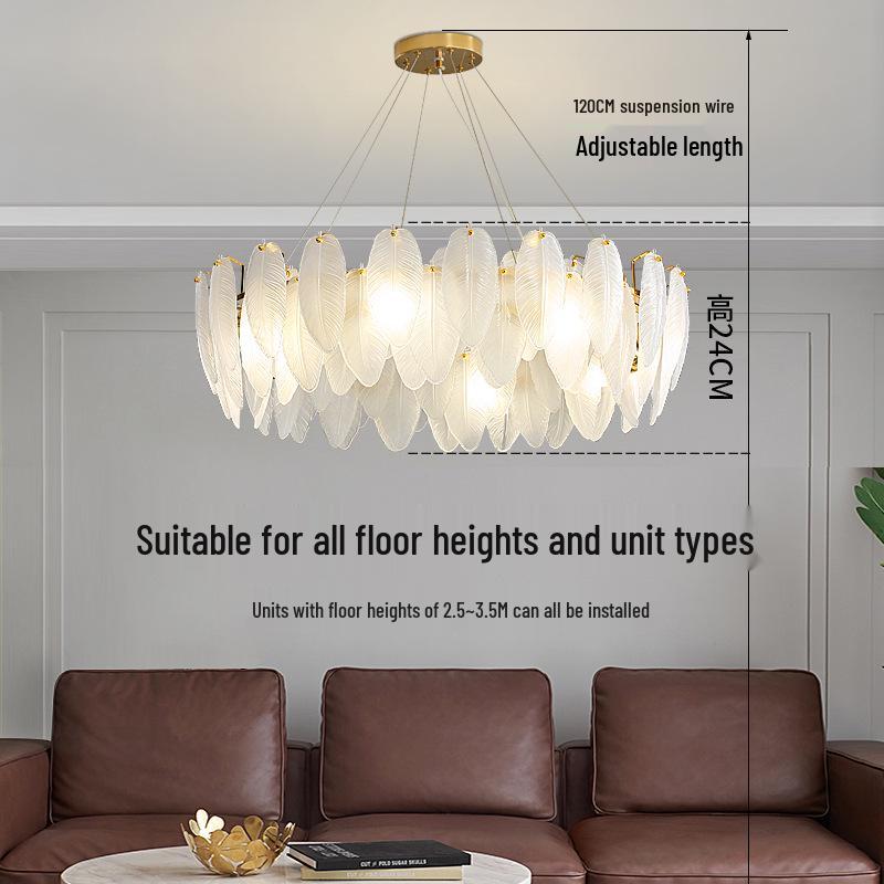 Postmodern Minimalist Feather Glass Chandelier for Living Room, Master Bedroom, or Dining Area