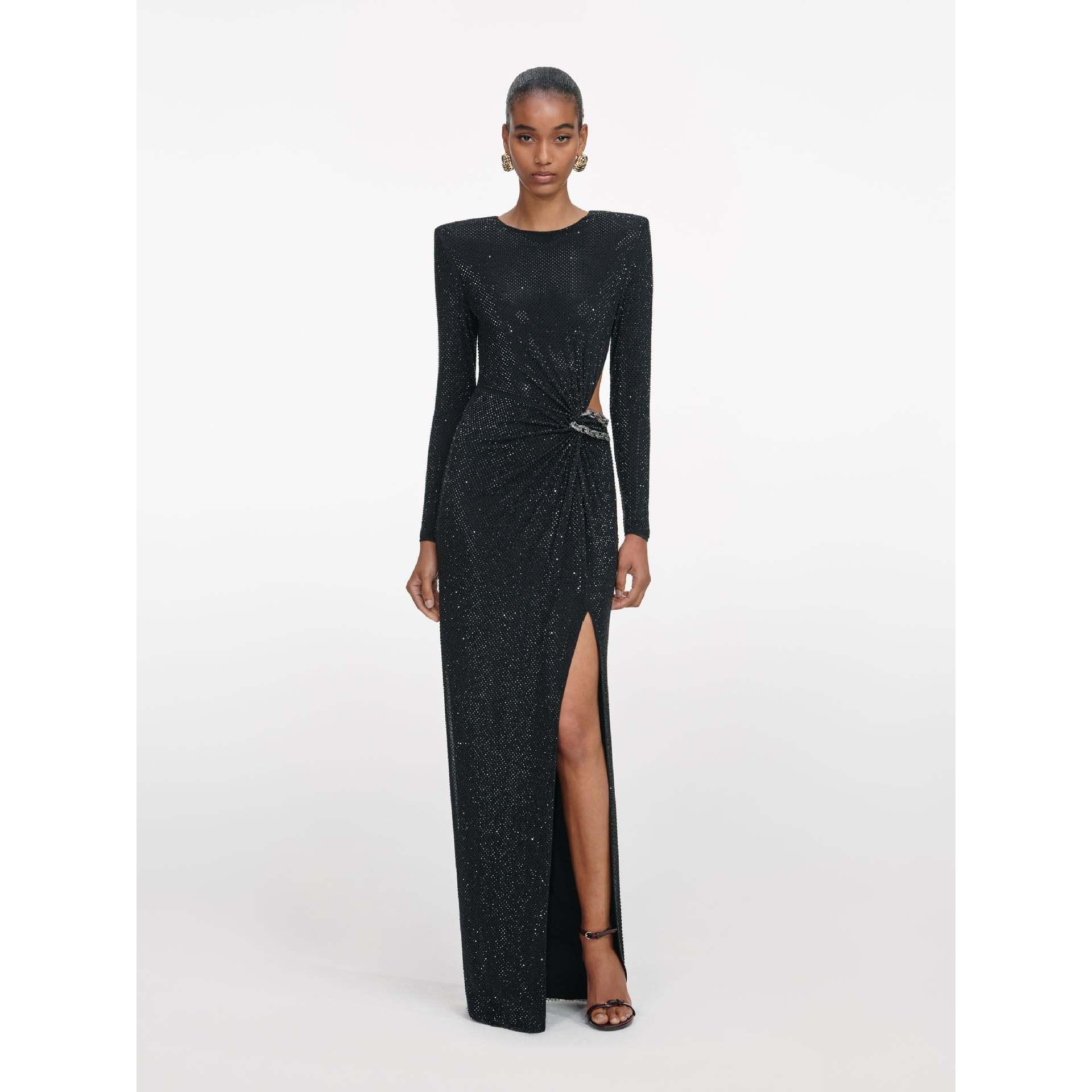 Вечернее платье с вырезами и стразами - 95% Нейлон 5% Спандекс, Облегающий крой S чёрный