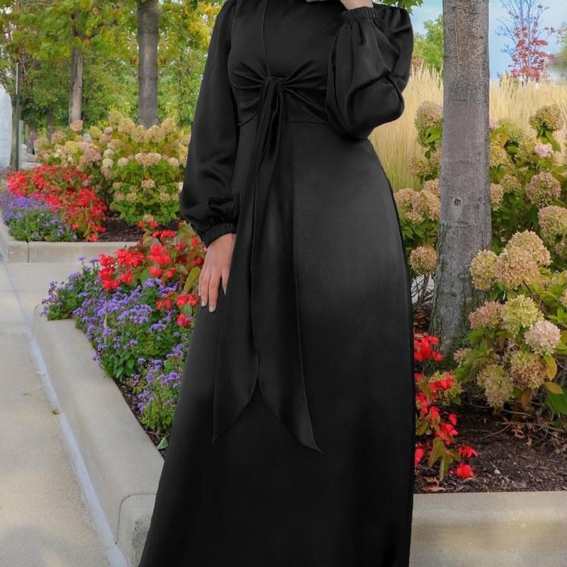 Double Wear Ramadan Muslim Dress Abayas Lace Up O-Neck Dubai Turkey Islam Clothing Kaftan Robe for Womens Girls