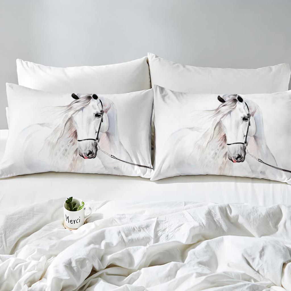 White Horse Down Quilt Set, Wild Animal Quilt Cover, Comfortable Bedding Three-Piece Set