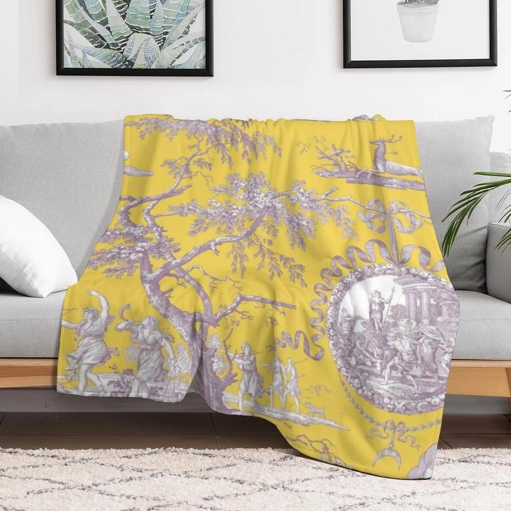 New Yellow Toile de Jouy Throw Blanket Stylish Couch Blanket for Home Living Room