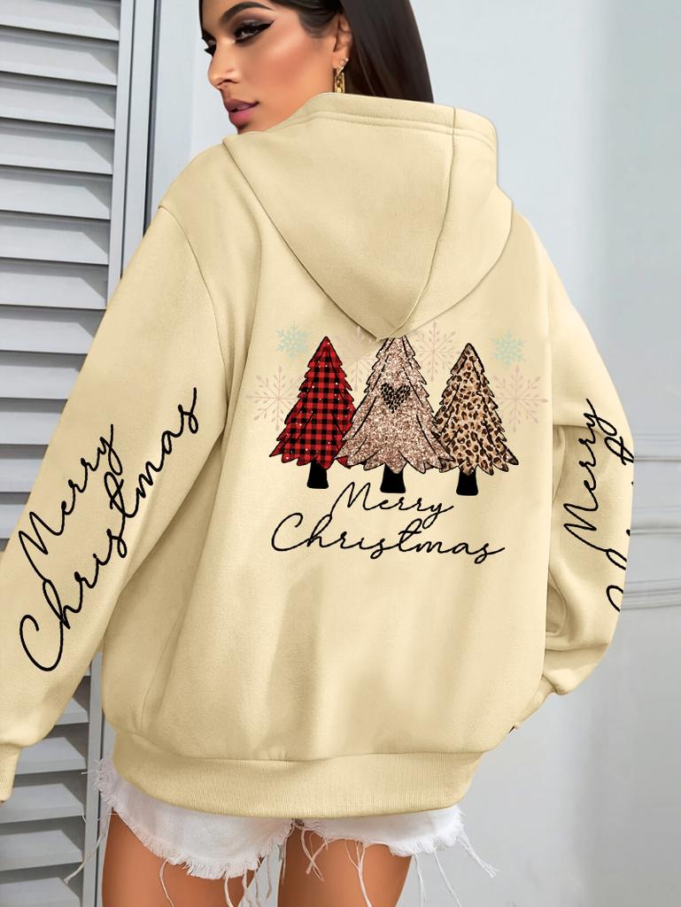 Merry Christmas Leopard Plaid Trees Pattern Hoodies Women Hip Hop Autumn Hoodie Pocket Loose Streetwear Fleece Y2K Pullovers