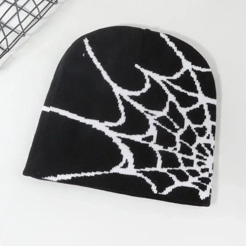 

Knitting Spider Web Design Hat Skullies Beanies for Men Women Pullover Pile Cap Y2k Goth Warm Beanie Hats New Hip-hop Street Cap One Size чорний білий колір