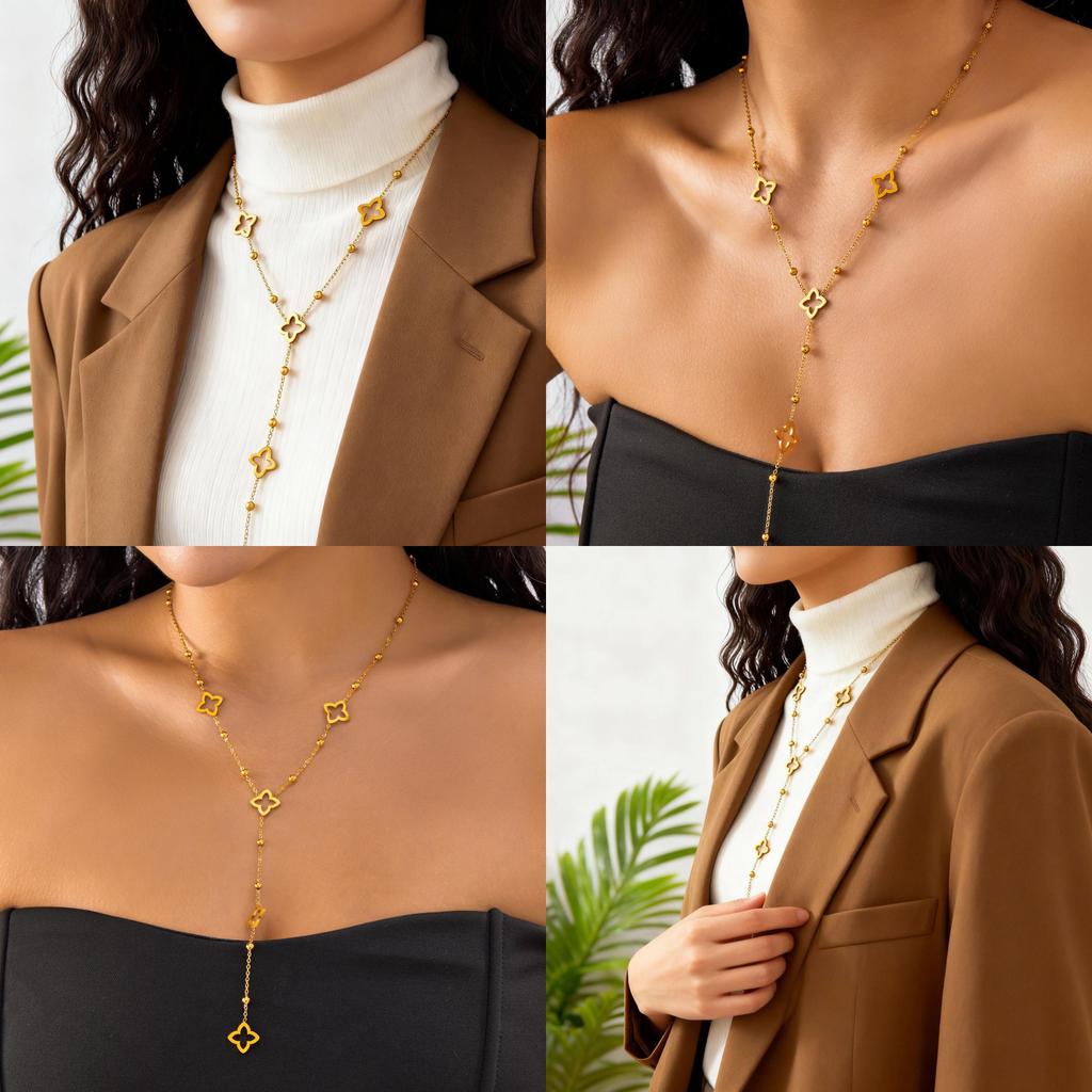 Geometric Four Leaf Clover Necklace With Stainless Steel Chain And Music Note Element For Daily Fashion