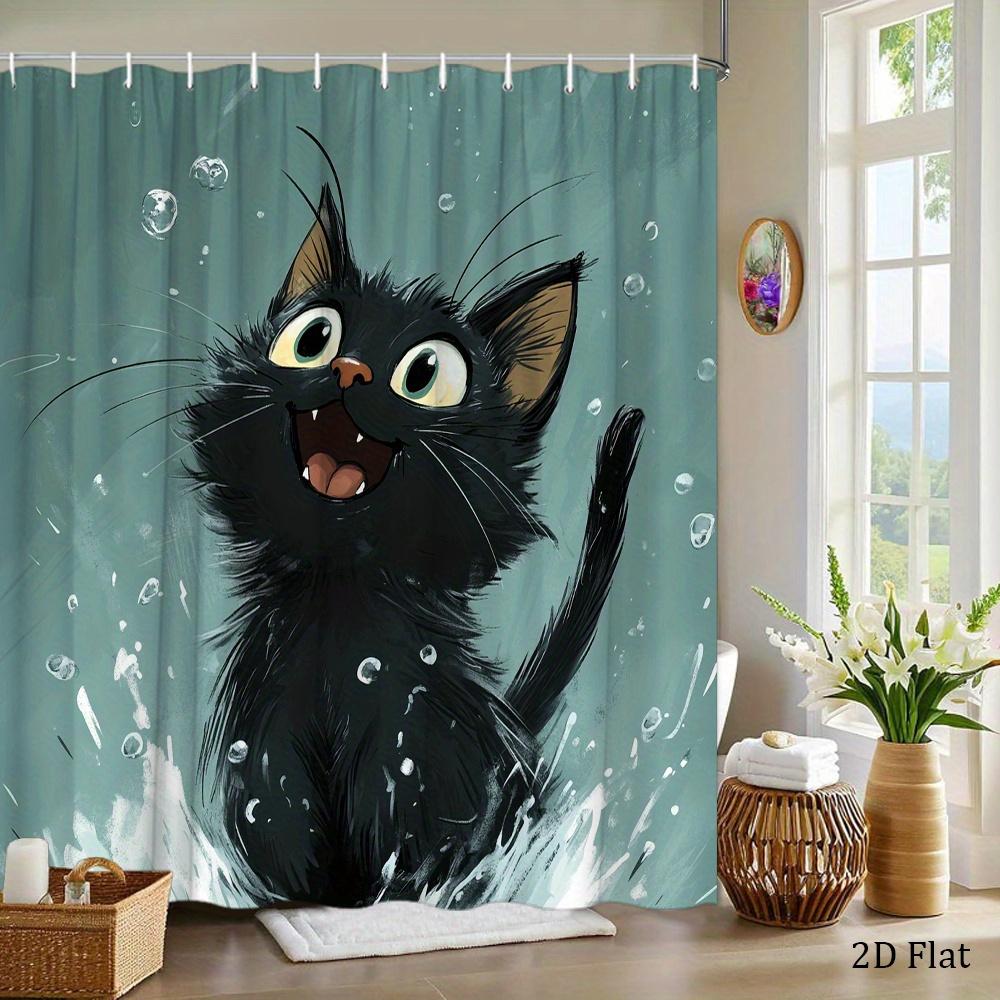 Waterproof Black Cat Shower Curtain Cartoon Art Bathroom Decor Whimsical Splash Pet Shower Liner for Home Bath