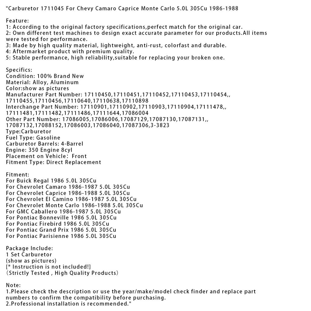 Carburetor 1711045 For Chevy Camaro Caprice Monte Carlo 5.0L 305Cu 1986-1988
