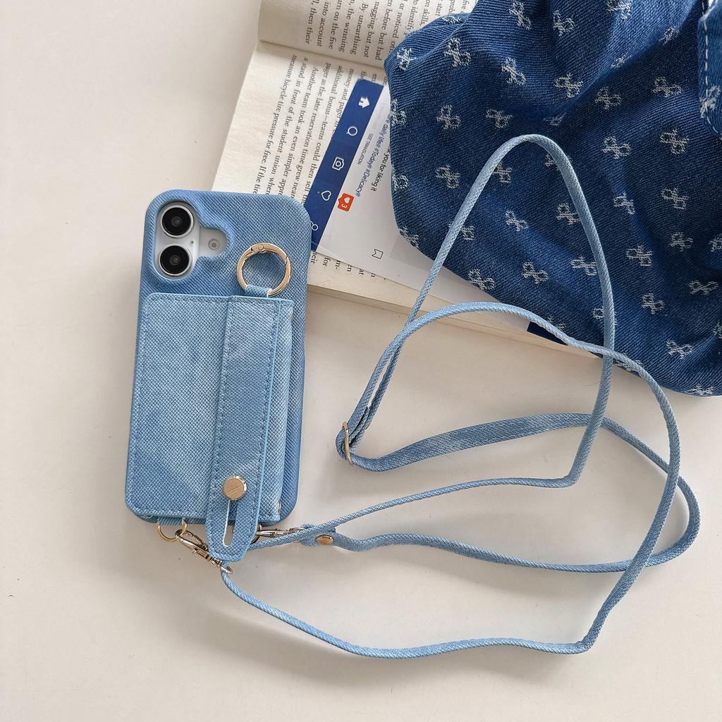 Crossbody Cards Solt Wallet Cowboy Ring Holder Case For iPhone 16 Pro Max 15 Plus 14 13 12 Long Lanyard Wristband Denim Cover