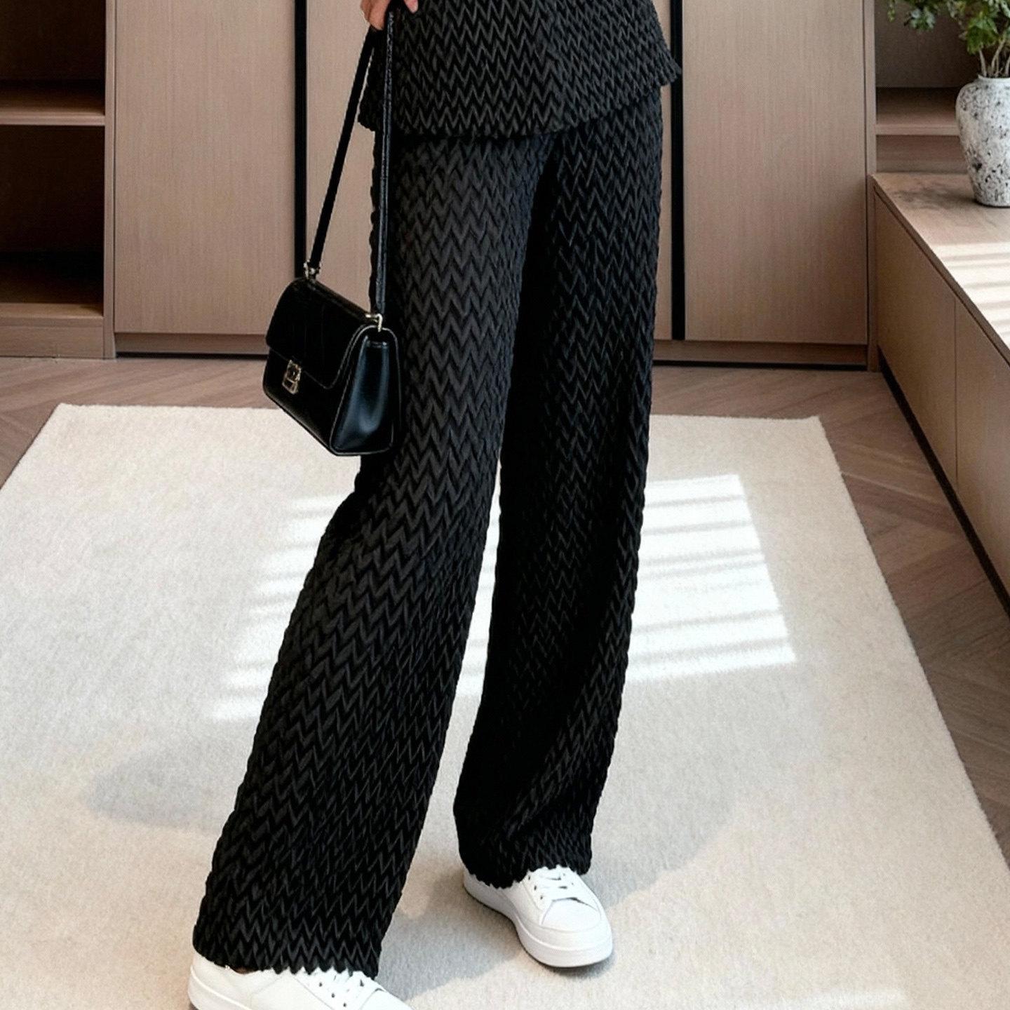Miyake Pleats Autumn Slimming Women s Pleated Suit: Jacket & Wide-Leg Pants Set No specification