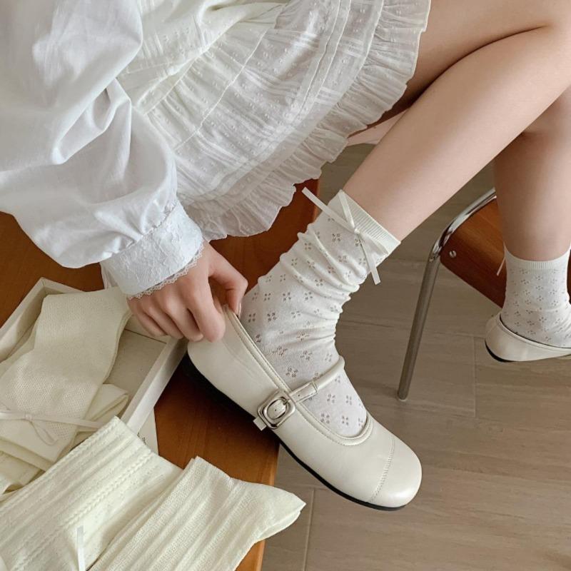 Summer Thin Hollow Mid-tube Socks with Side Bow Ribbon Ballet Style Cream Lolita JK Mesh Socks