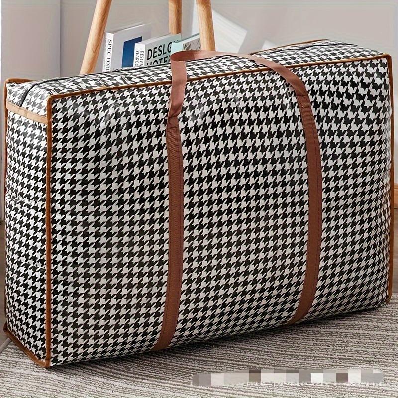 Large Houndstooth Storage Bag, Heavy Duty Foldable Tote with Zipper & Handles for Moving, Packing, Shopping