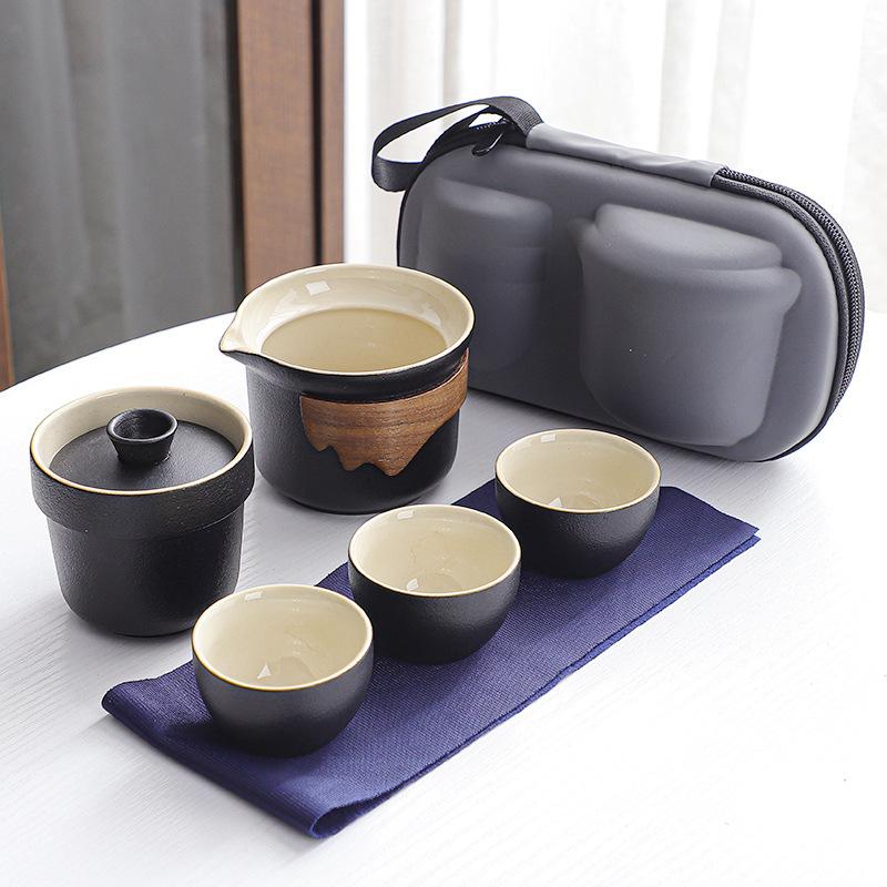 Travel tea set, portable small bag, black pottery, easy to carry outdoors, a pot of three cups of express cup