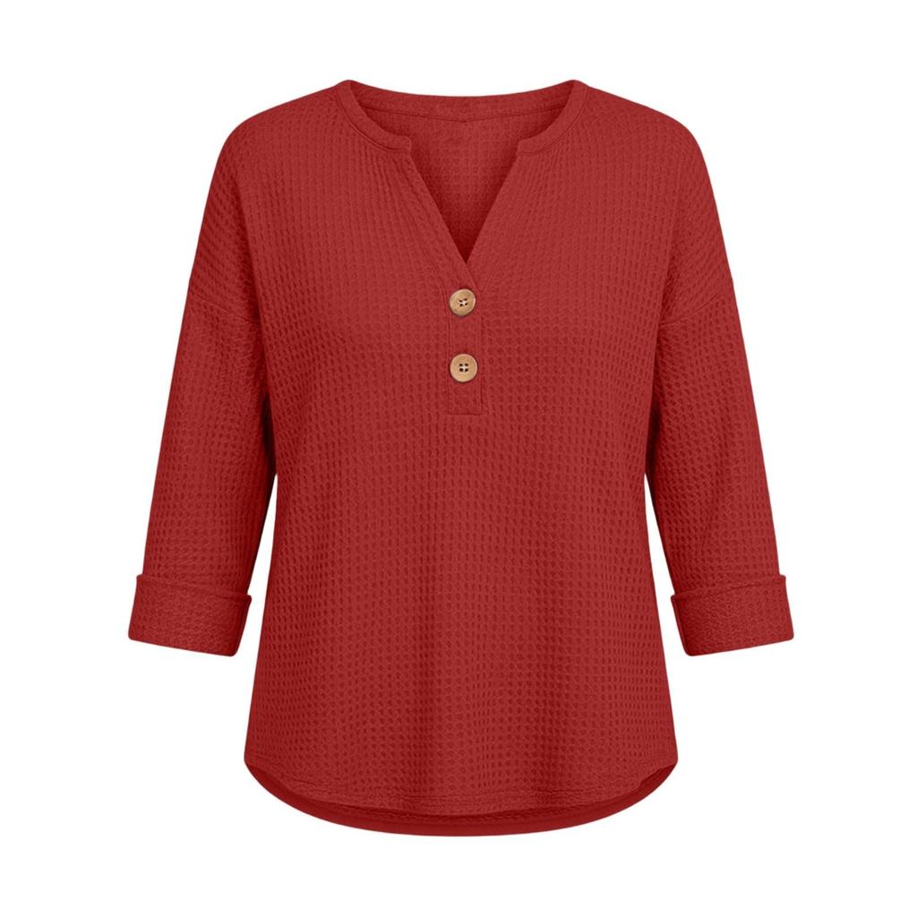 Women's Fashion Color V-Neck Knit Three-Quarter Sleeve Loose Fit Blouse