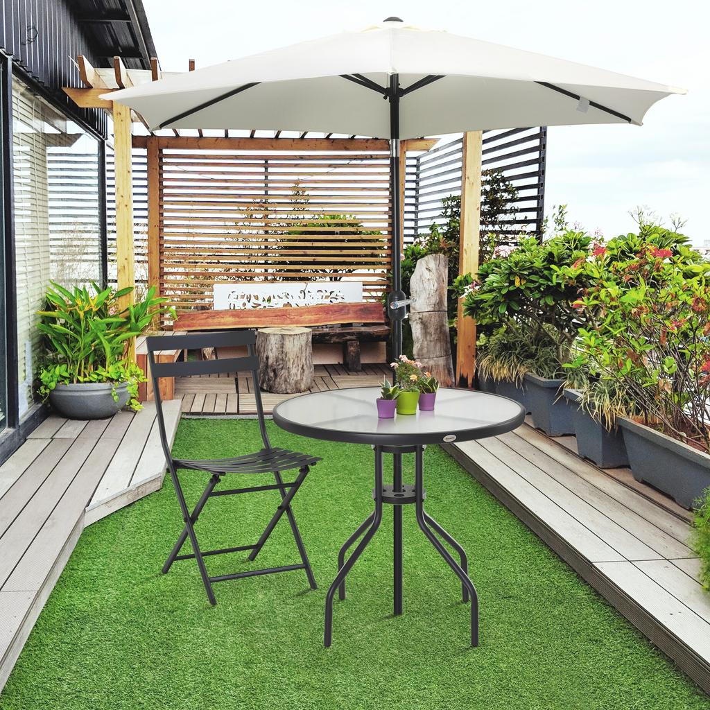 80 cm Schwarzer Runder Garten-Esstisch, Outdoor Kaffee Bistro Beistelltisch mit gehärteter Glasplatte und Stahlrahmen für Terrasse, Veranda