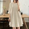 ZANZEA Women Casual Round Neck Solid Color 3/4 Sleeve Loose Dress