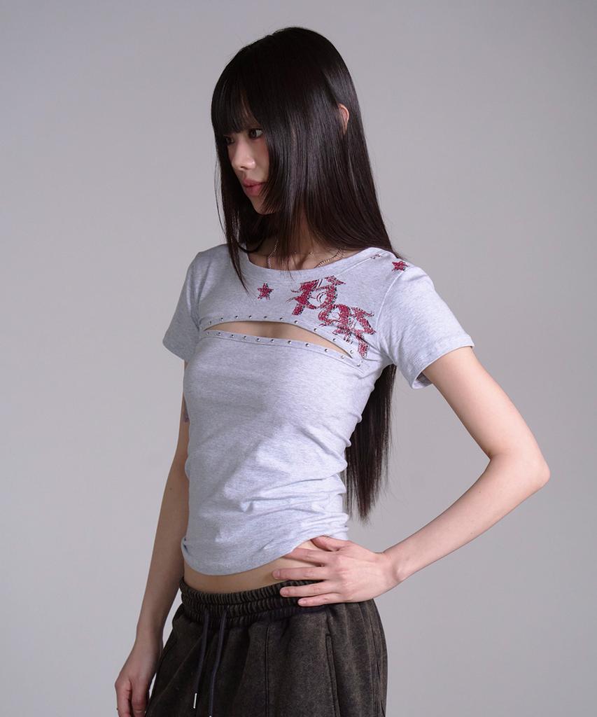 PRENDA Cut Out Star Stud Tee Gray