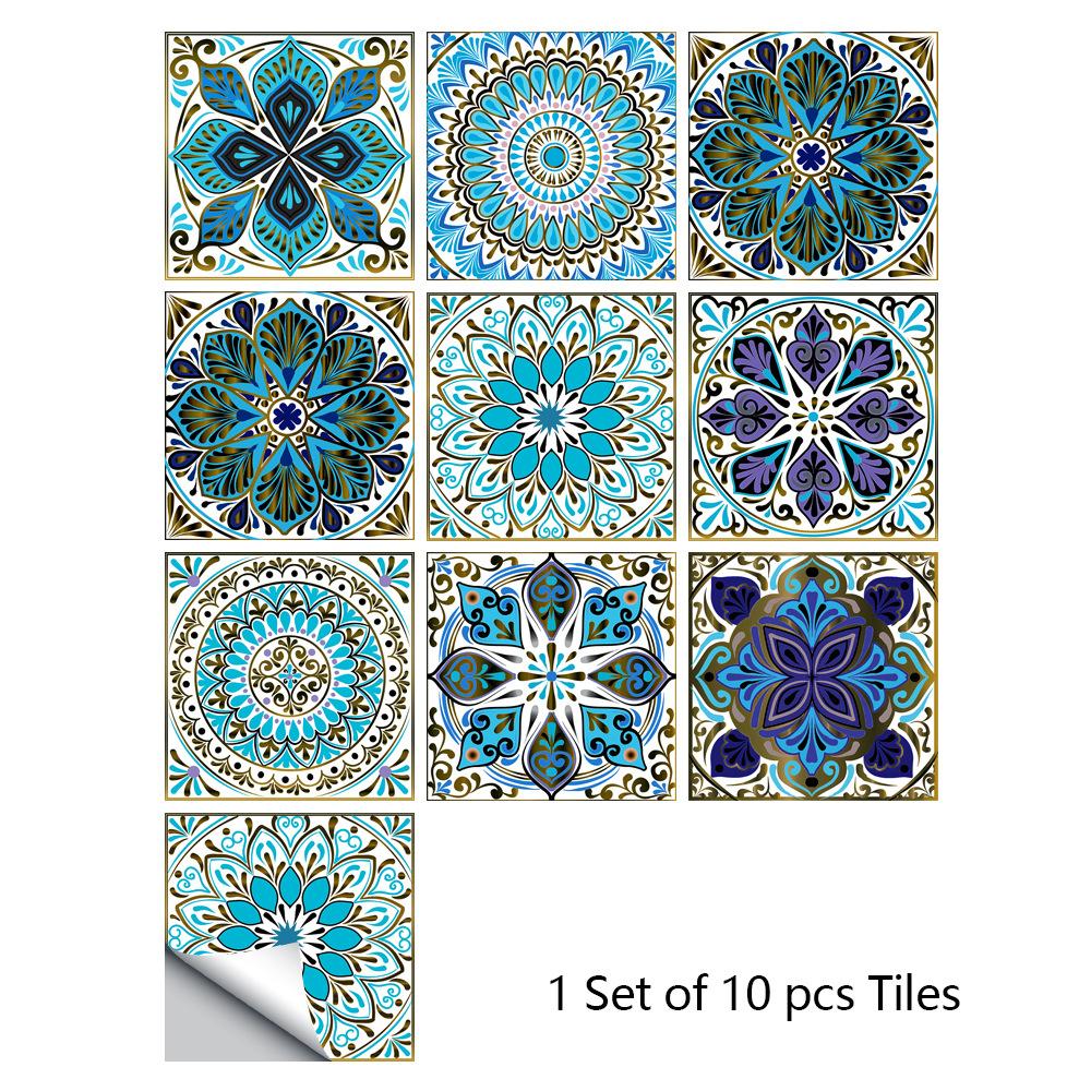10pcs Mandala Crystal Hard Tiles Ceramic Wall Stickers Peel Stick Decals for Kitchen Wardrobe Home Decor Art Mural DIY