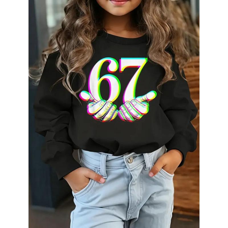 European sizes Cute Little Kid Neon 67 Printed Long Sleeve Sweatshirt with Thumbs Up Details | Trendy Casual Crew Neck Pullover for Kids 110 чёрный