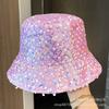 European and American New Sequined Colorful Basin Hat Women's Spring and Summer Outdoor Sunshade Face Small Flat Top Rhombus Grid Sunscreen Bucket Hat