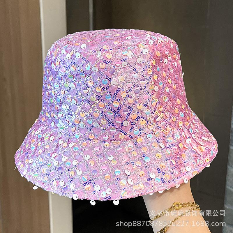 European and American New Sequined Colorful Basin Hat Women's Spring and Summer Outdoor Sunshade Face Small Flat Top Rhombus Grid Sunscreen Bucket Hat