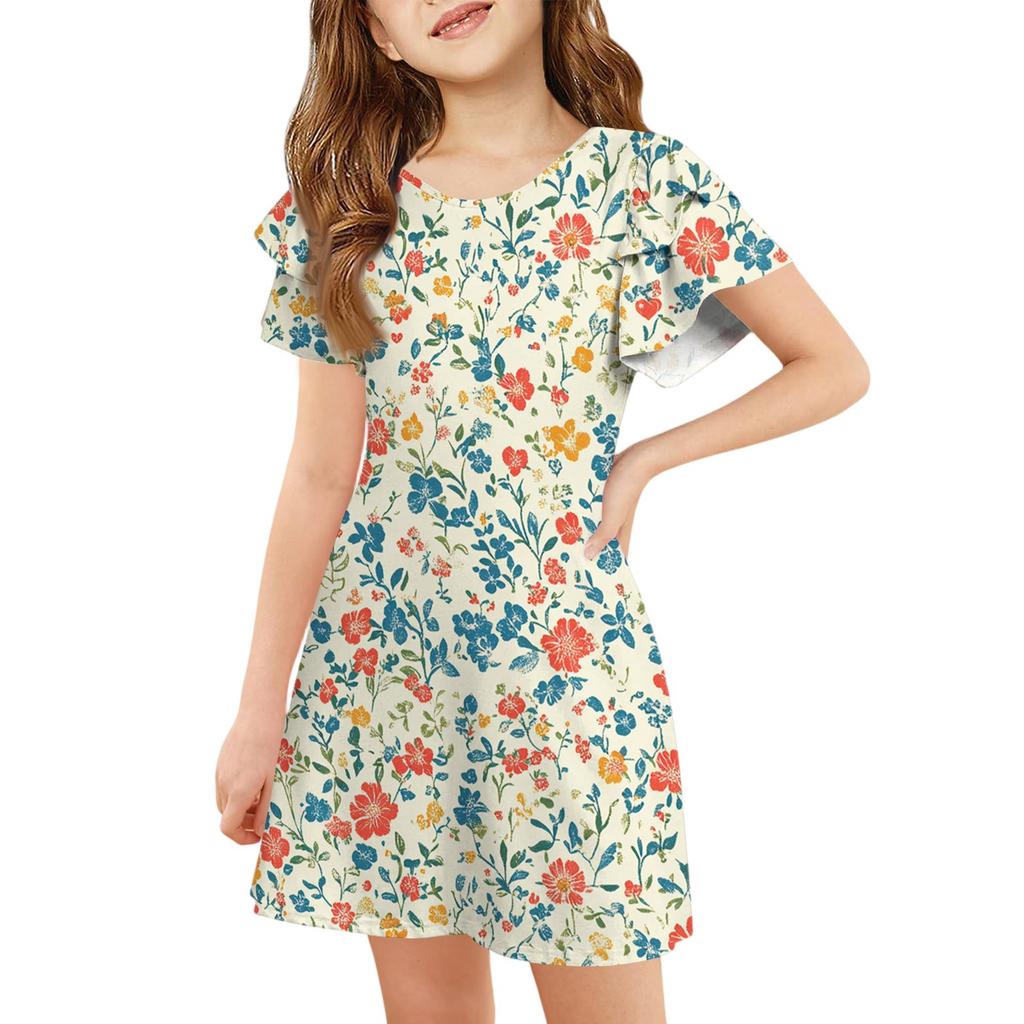 Girls' Ruffle Sleeve Dress - Round Neck Printed Sundress