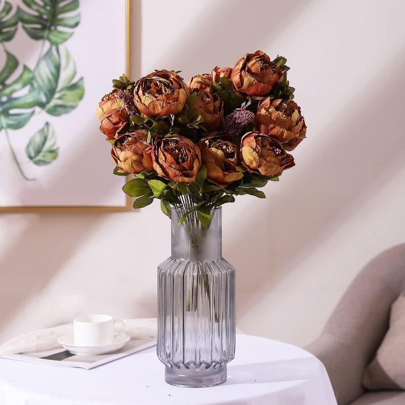 Faux Peony Bouquet 13 Heads Flowers Bud Vintage Artificial Peony 47cm Silk Flowers for Wedding Home Decoration,1pc