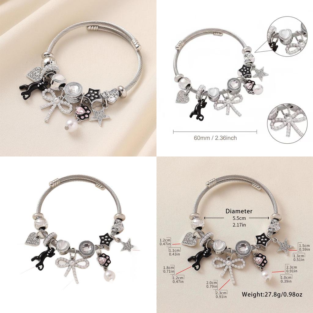 Stainless Steel Cat Bowknot Star Charm Bracelet For Fashion Casual Wear