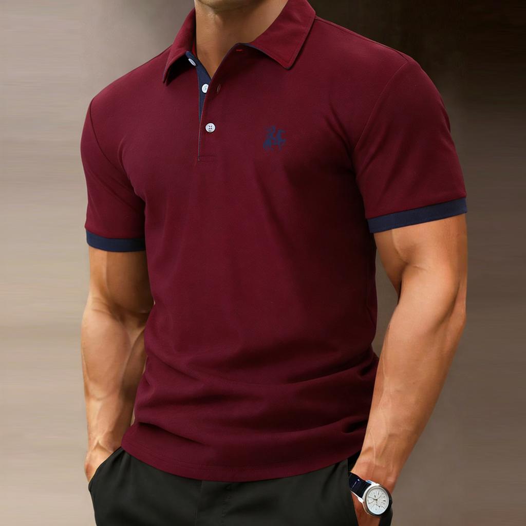 Men's Casual Polo Shirt for Vacations-3button collar, stylish color-blocked cuffs, lightweight and soft—trendy outdoor wear