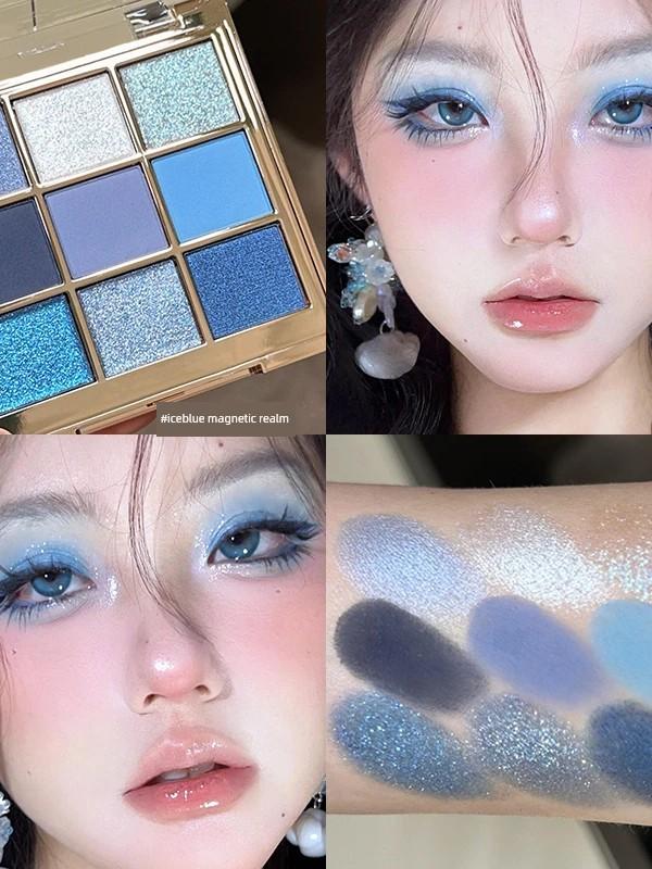 Summer Cool Ice Blue Tranquil Nine Colors Eye Shadow Plate Shimmer Matte Blue Smoky Diamond in the Debris Eye Makeup Music Festival Eye Makeup