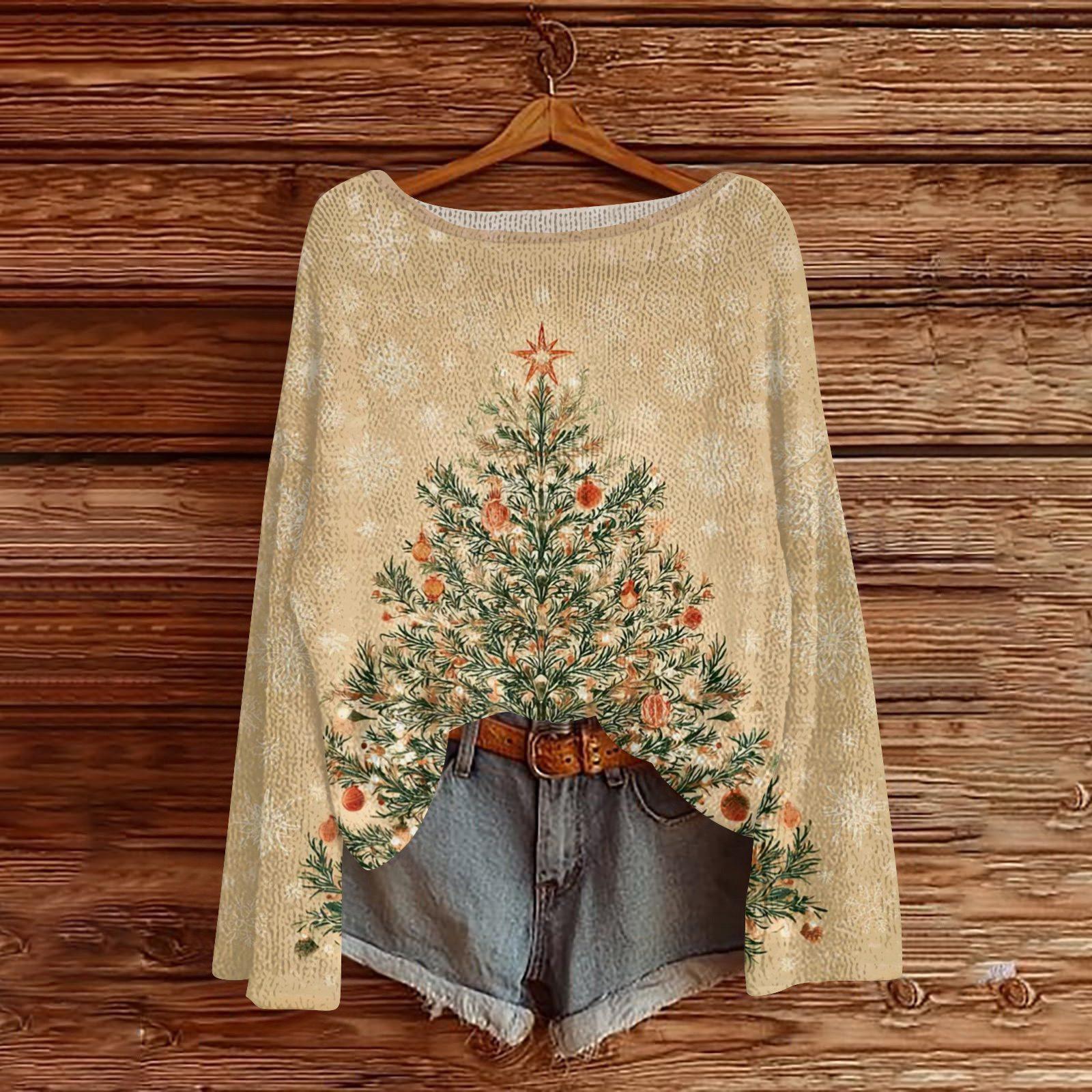 

Женский легкий свитер с круглым вырезом, повседневный вязаный пуловер с длинным рукавом и рождественским принтом. XXL хаки