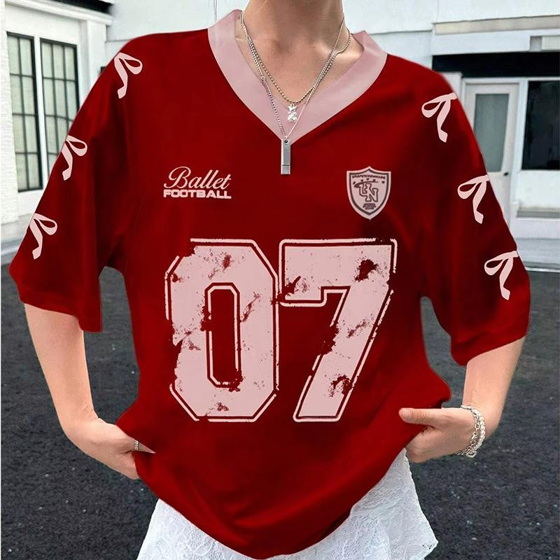 American high street casual sports baseball collar contrasting color short-sleeved short-sleeved T-shirt women s summer loose-print half-sleeved top S