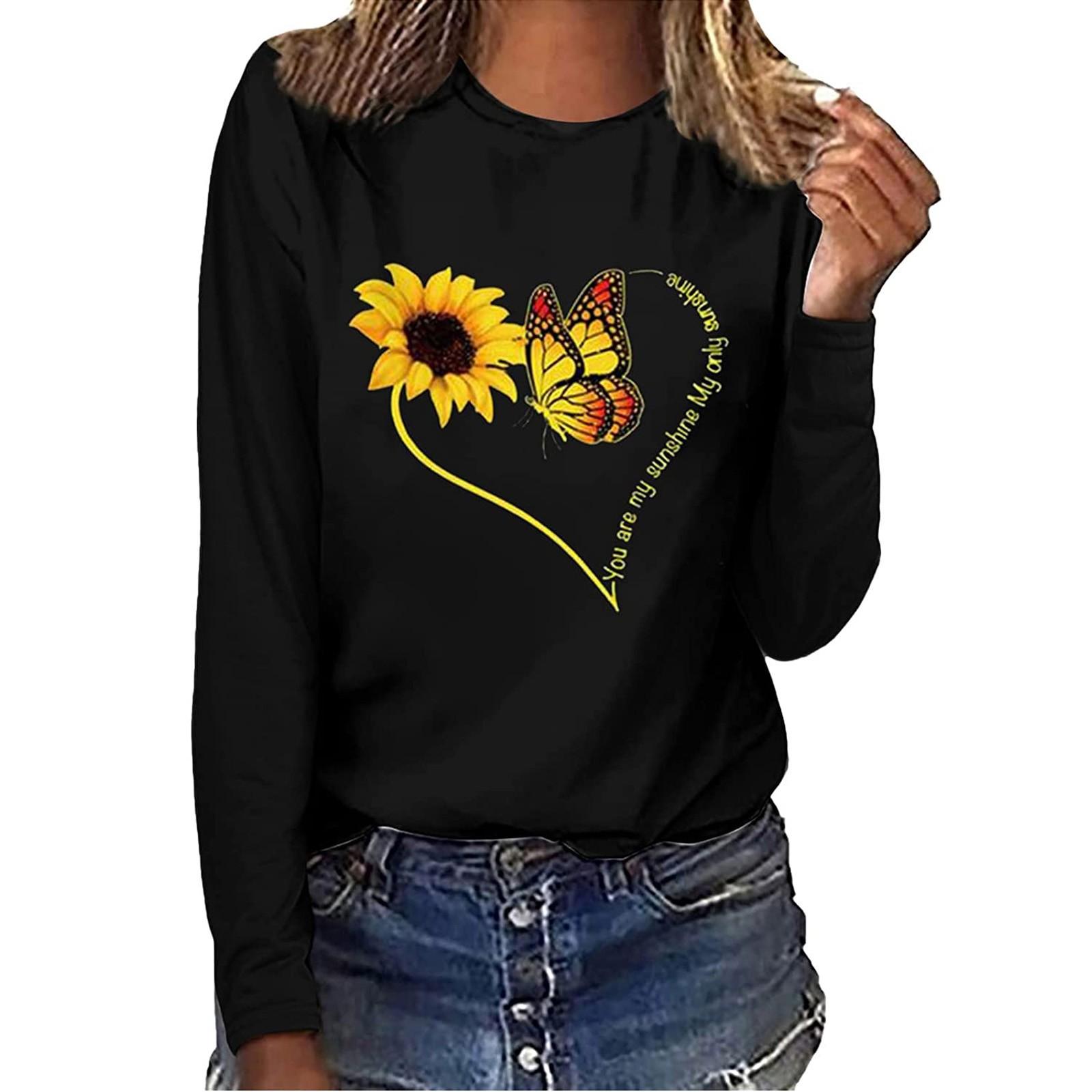Women s Fashion Loose Casual Long Sleeve Round Neck Colours Prints T-Shirt S чёрный