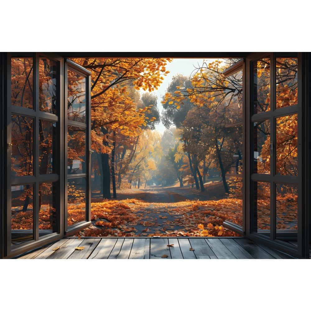 Autumn Forest Window Photography Backdrop Fall Maple Leaves Pumpkin Harvest Thanksgiving Kids Portrait Photo Background Decor