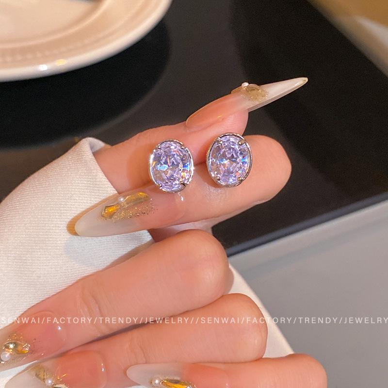 Oval micro-set zircon stud earrings women s small earrings design sensitive ears