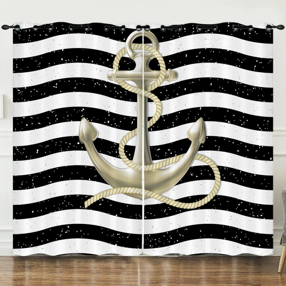 Curtains Nautical Anchor 3D Digital Printing Blinds Blackout Punching Can Be