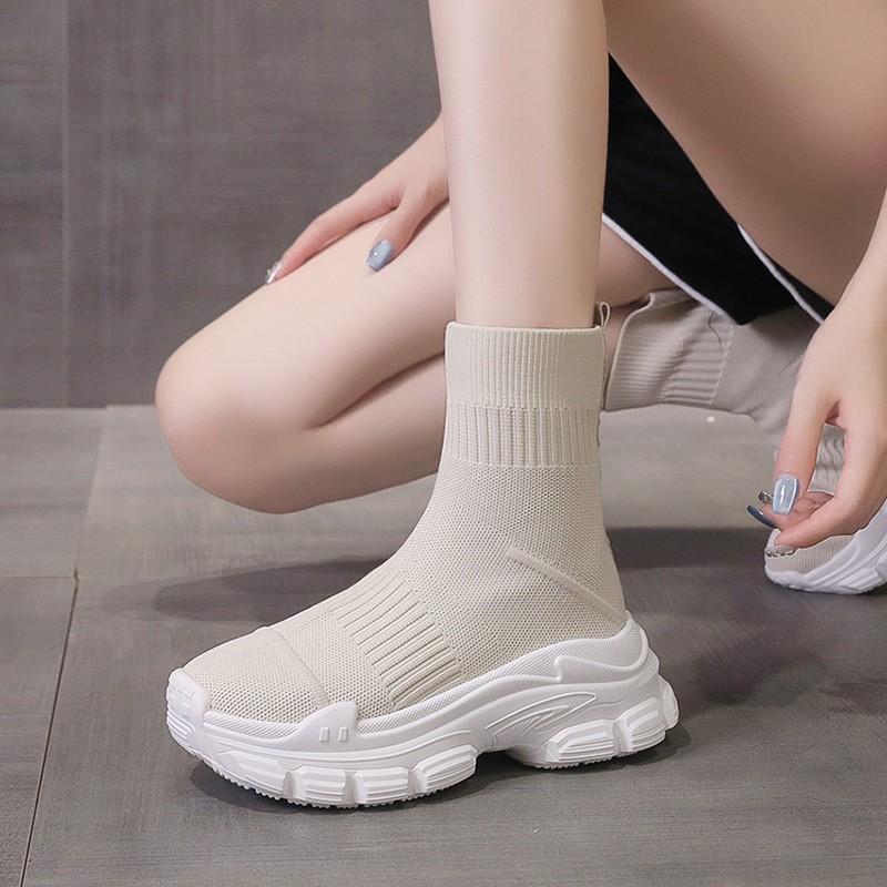 Sock Boots Women's Summer New Black High Top Sock Shoes Women's Thick Soled Elastic Flying Woven Casual Shoes C1158