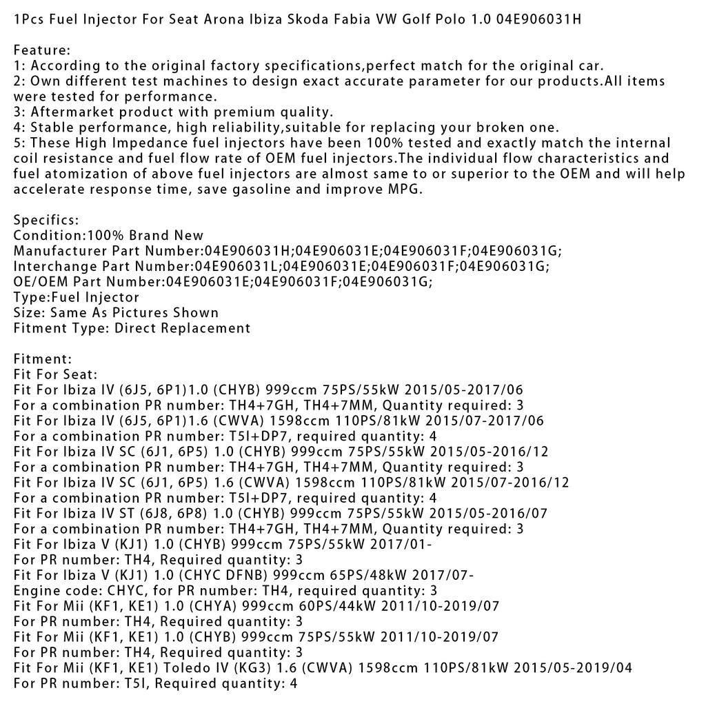1Pcs Fuel Injector For Seat Arona Ibiza Skoda Fabia VW Golf Polo 1.0 04E906031H